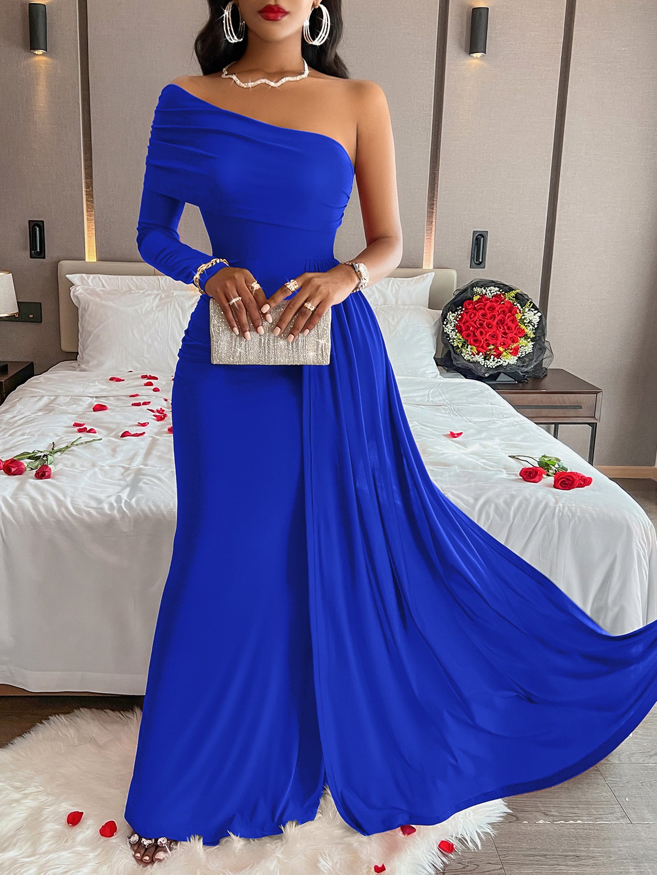 Product Image for Damen elegantes Wickelkleid mit asymmetrischem One-Shoulder-Design und fließendem Rockteil Fudus, Königsblau / S