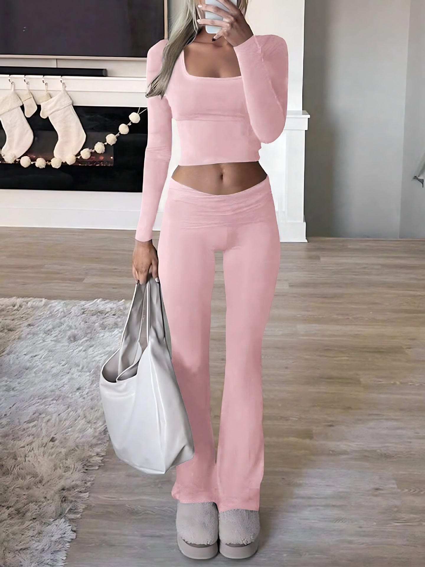 Product Image for Damen sportliches Zweiteiliges Set mit langem Oberteil und flared Pants Fudus, Rosa / XXXL