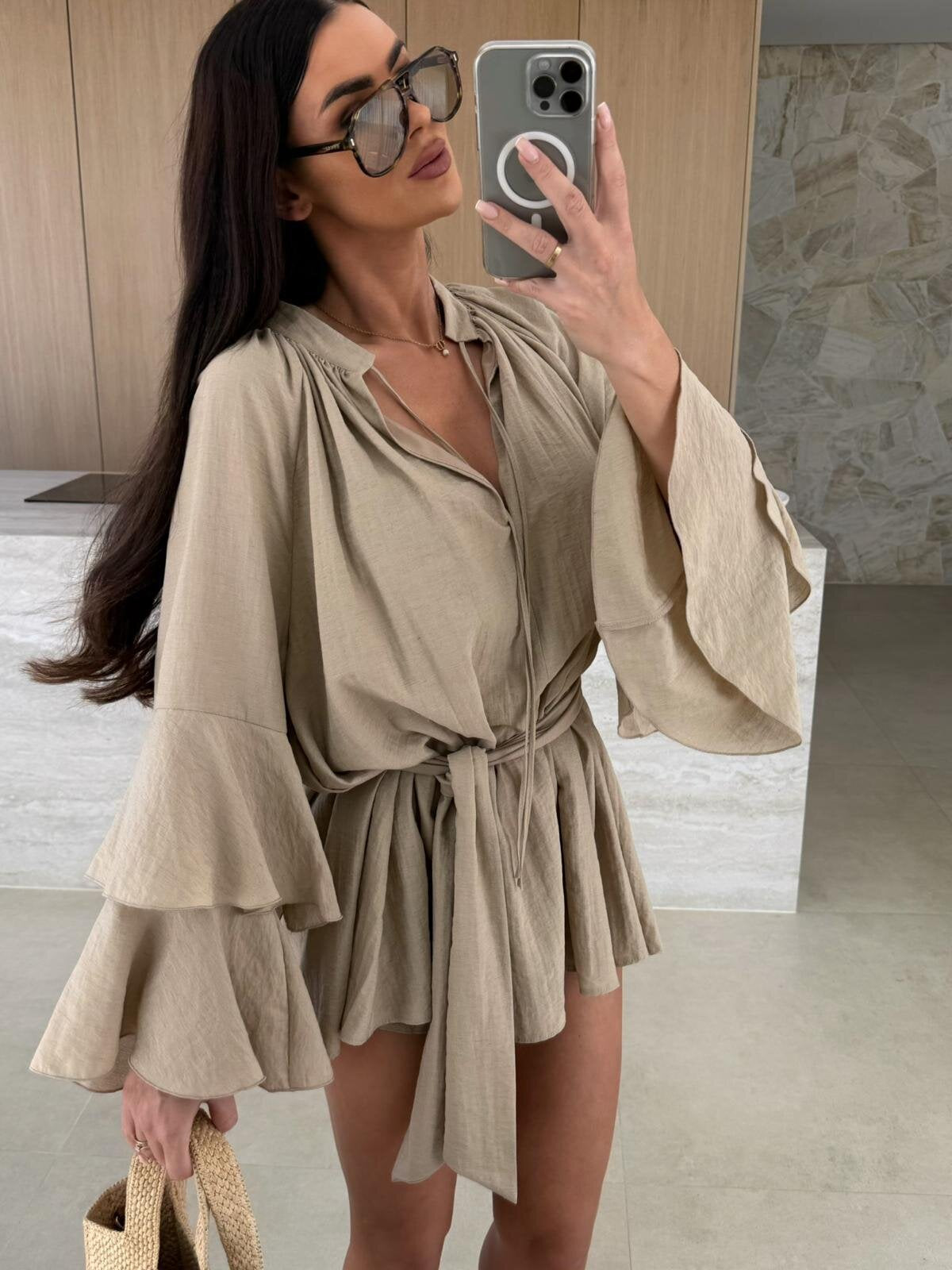 Product Image for Damen Tunika mit voluminösen Ärmeln und taillierbarem Gürtel Fudus, Khaki / XXL