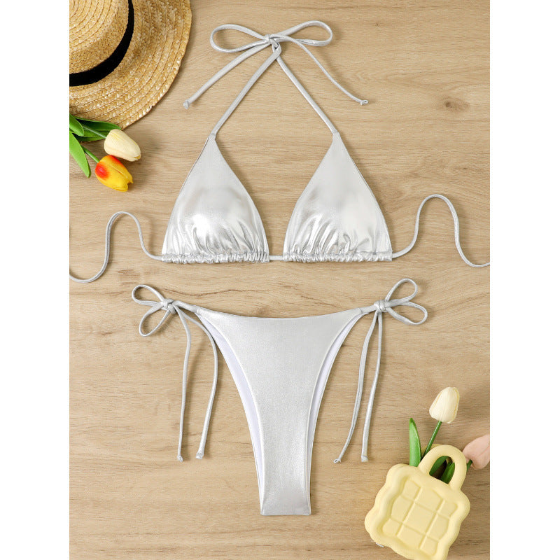 Product Image for Damen Triangel-Bikini mit glänzenden Fäden und sexy Schnürungen Fudus, Silber / XL