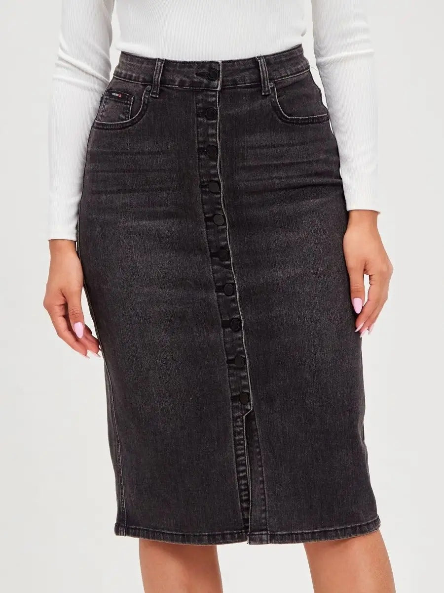Product Image for Damen Midirock mit Knopfdetails und seitlichem Schlitz Fudus, Dunkelgrau / 31