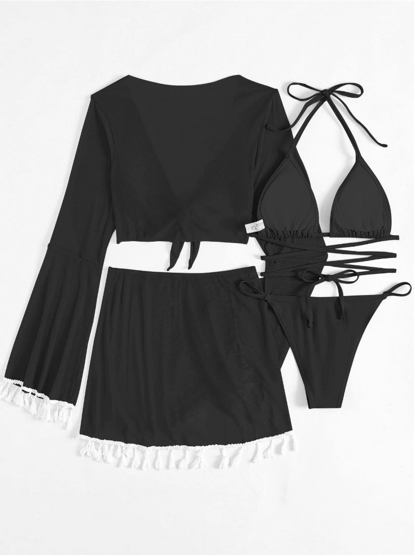 Product Image for Damen Bikiniset mit eleganter Wickeljacke und speziellen Fransen Fudus, Schwarz / S