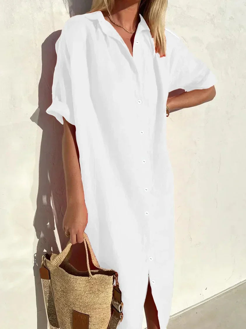 Product Image for Fudus | Knopfkleid Mit Weit Geschnittenen Ärmeln, Elegant und Lässig, Für Frauen Baumwoll und Leinenkleider, Weiß / 2XL