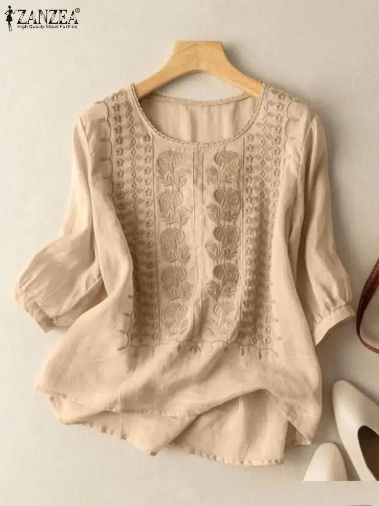 Product Image for Fudus | Sommer Elegante Shirts Damen O Hals Blumenstickerei Bluse, 5XL / Beige