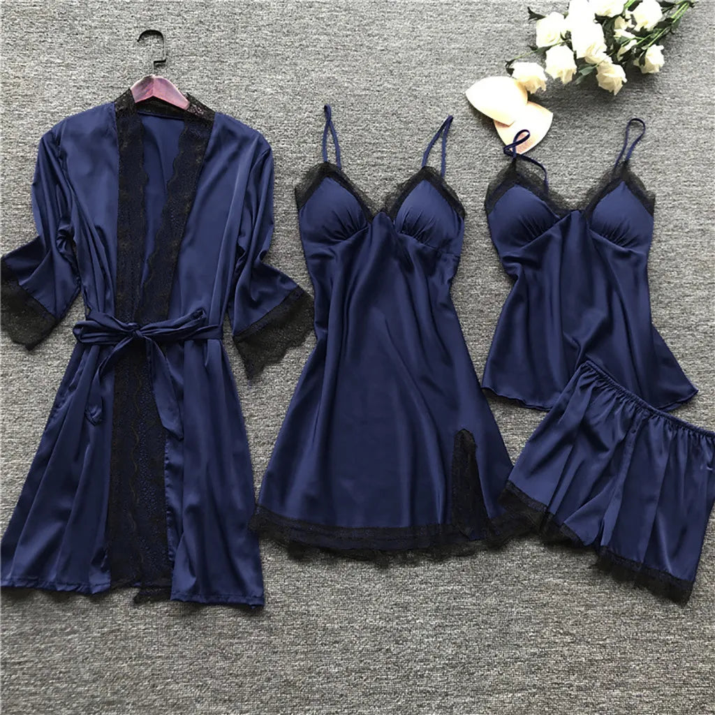Product Image for Fudus | Damen Seiden Spitzen Unterwäsche Satz Mit Strumpfhalter, Marineblau / L