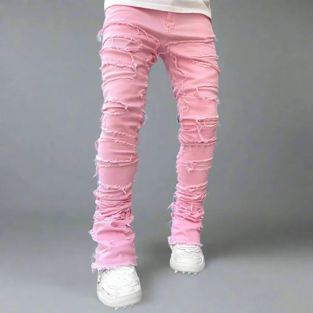 Product Image for Fudus | Distressed Straight Fit Jeans Für Herren Streetwear Stil, Rosa / L