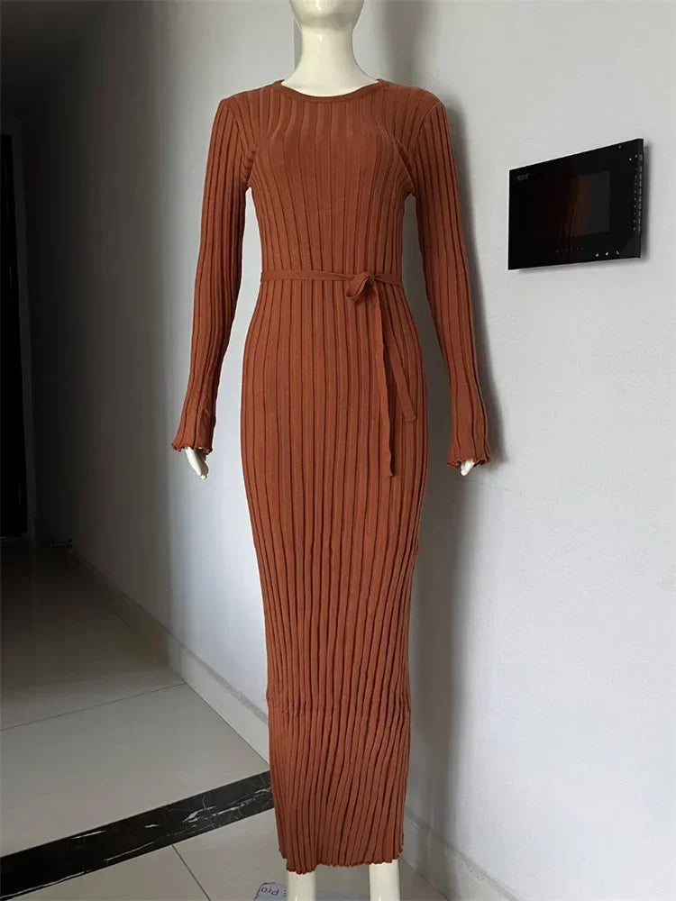 Product Image for Fudus | Strick Baumwolle Maxikleid Damen Mit Schnürung Und Patchwork, Kastanienbraun / L