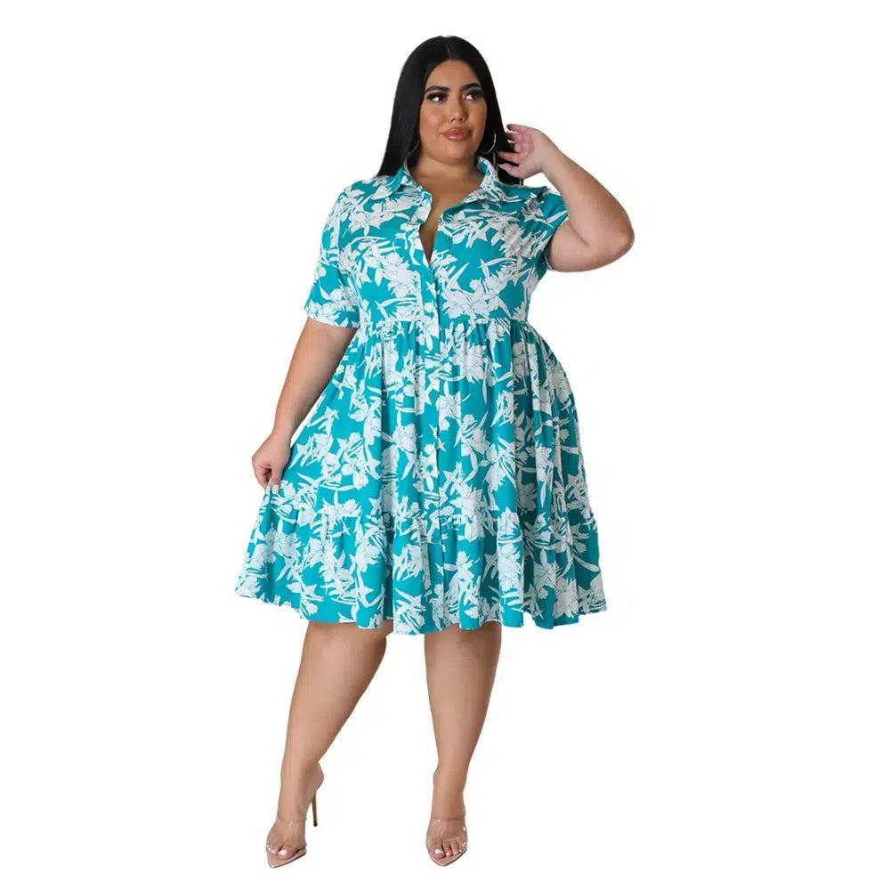 Product Image for Fudus | Plus Size Midi Kleid Damen Blumendruck Party Kleider, HIMMELBLAU / 4XL