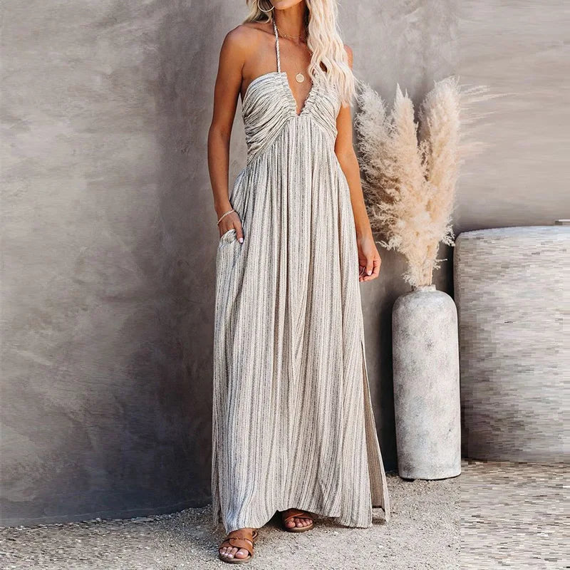 Product Image for Fudus | Sexy Gestreifter Verstellbarer Tanga Rörtopp Lange Kleid, Beige / S