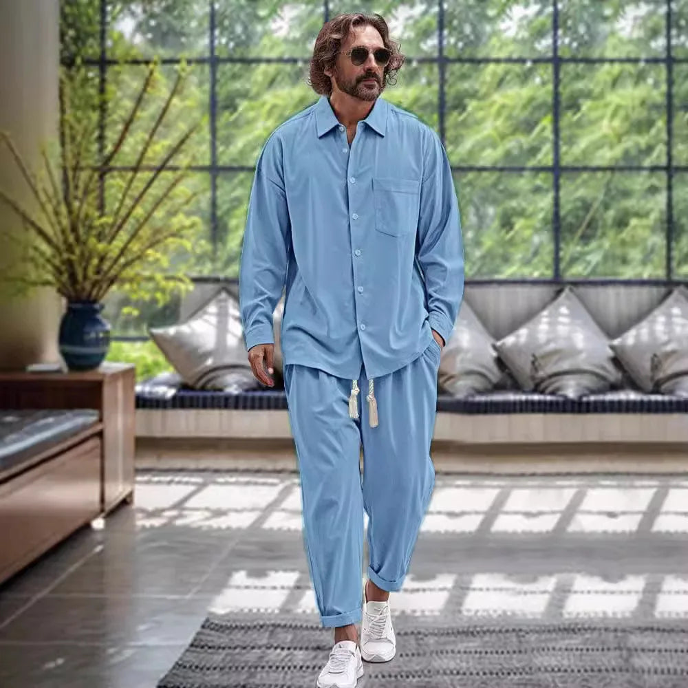 Product Image for Fudus | Modisches Loose Fit Frühlings Leinenhemd Und Hose Im Satz Für Herren Gerkono, Himmelblau / 2XL