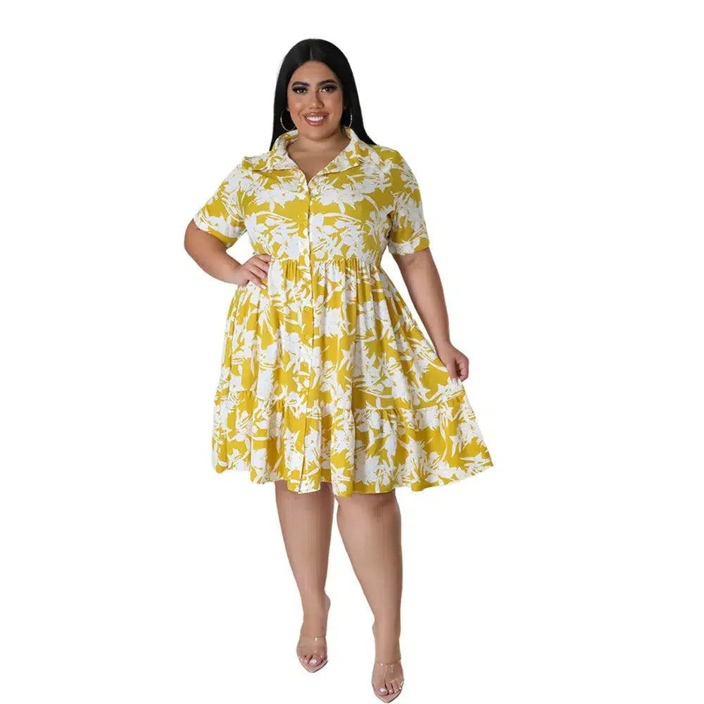 Product Image for Fudus | Plus Size Midi Kleid Damen Blumendruck Party Kleider, Gelb / 4XL