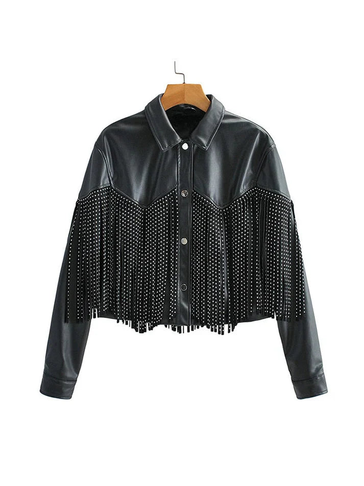 Product Image for Fudus - verkürzte Lederjacke für Frauen mit Fransen, Schwarz / M