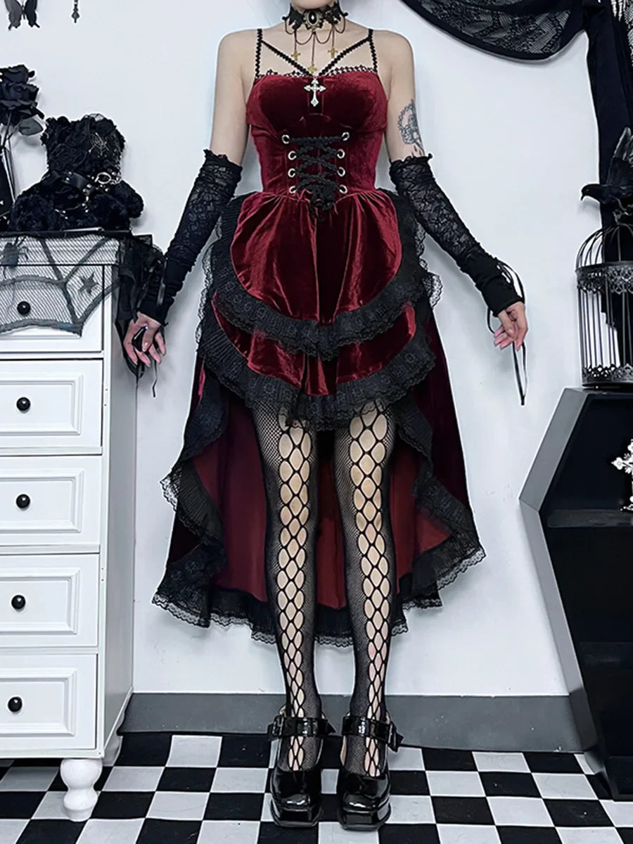 Product Image for Fudus | Gothic Lolita Kleid Aus Samt Mit Tiefem Saum Und Rüschenbesatz, Rot / S
