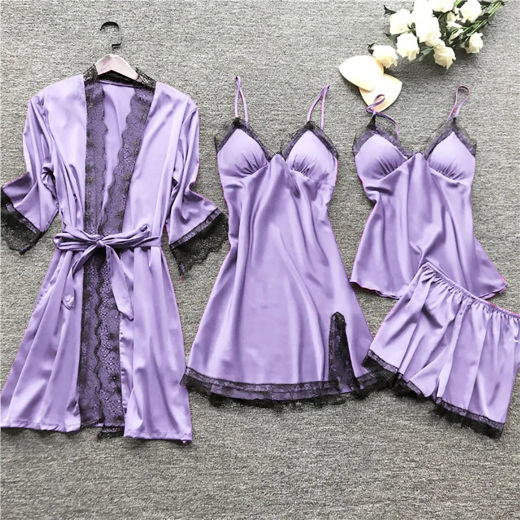Product Image for Fudus | Damen Seiden Spitzen Unterwäsche Satz Mit Strumpfhalter, Lila / XXL