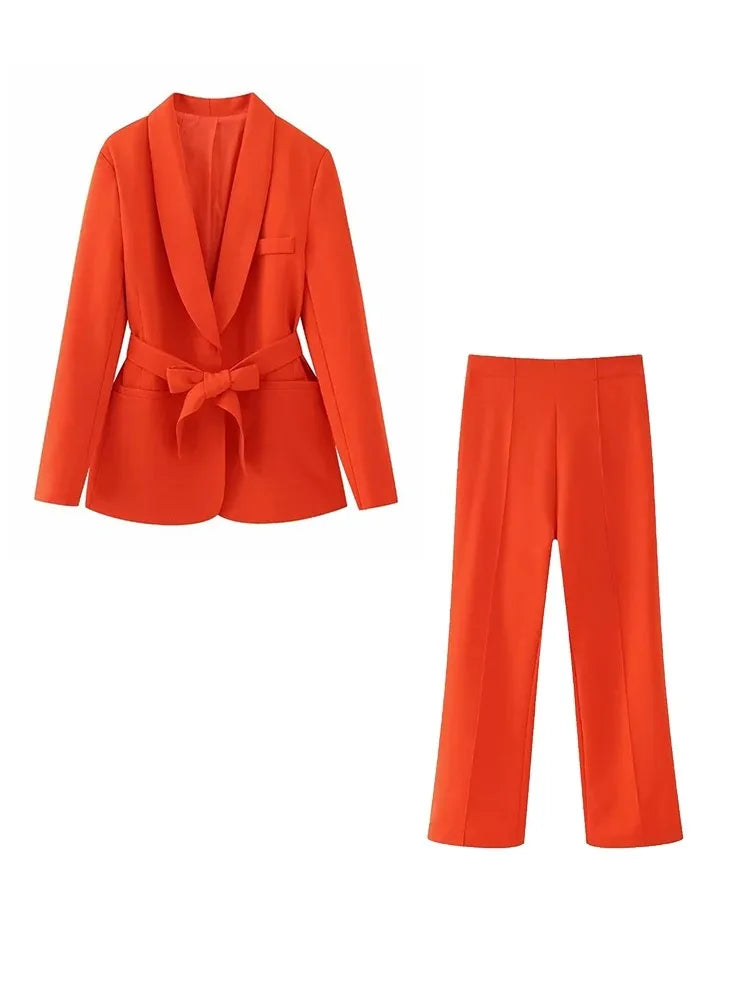 Product Image for Fudus | Damen Freizeit Blazer Schicke Oberbekleidung Elegante Schlaghosen Langarm V-ausschnitt Gürtel Büro Pendler Anzug Satz, Orangen Set-O58 / XS