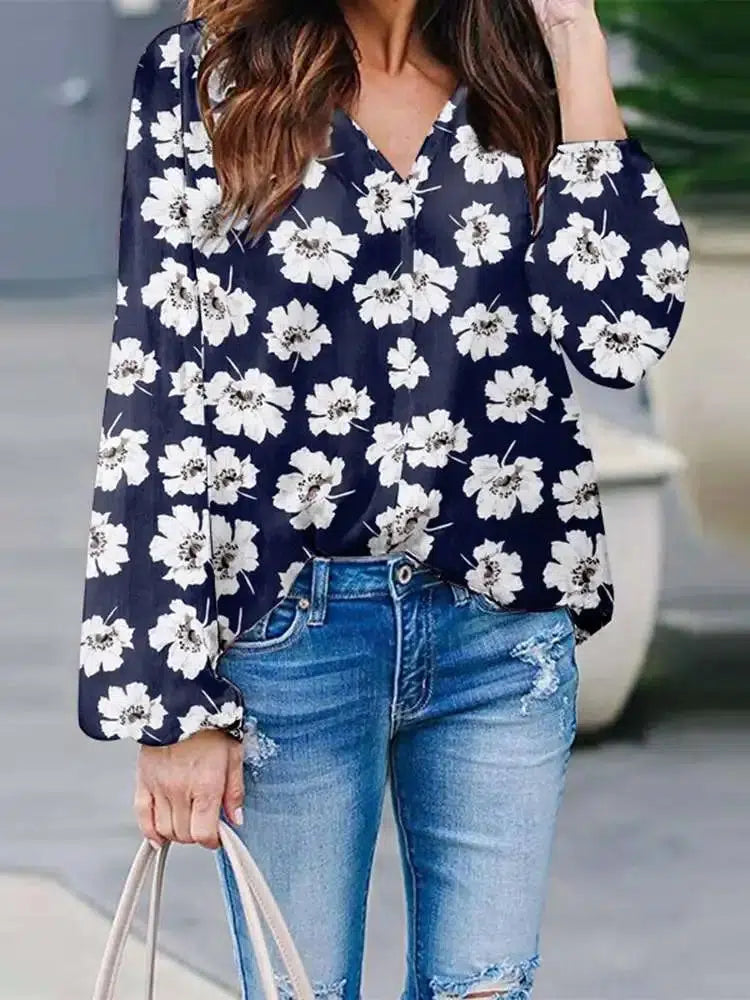 Product Image for Fudus | Damen Blumenbedruckte Bluse Sommer Lange Ärmel Tunika Mode V-Ausschnitt Shirt, Blau / M