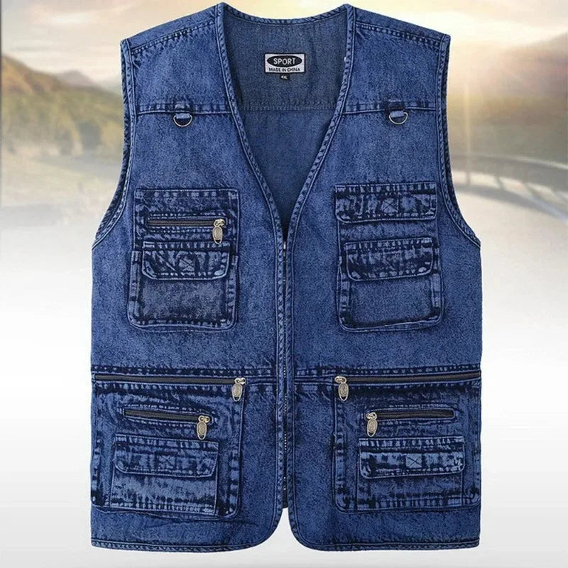 Product Image for Fudus | Ärmellose Jeansweste Mit Mehreren Taschen Für Herren, Blau / XXL