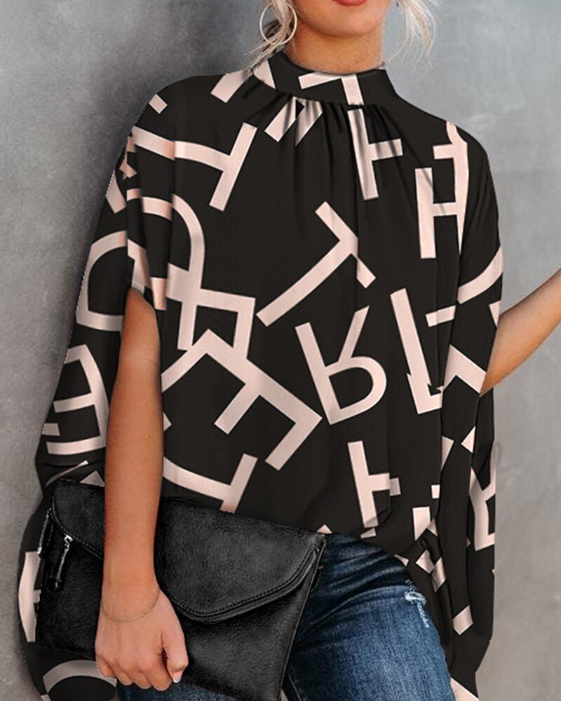 Product Image for Fudus | Elegante Locker Sitzende Bluse Mit Fledermausärmeln Für Den Sommer Freizeitmode Streetwear Top, Schwarzes Alphabet / L