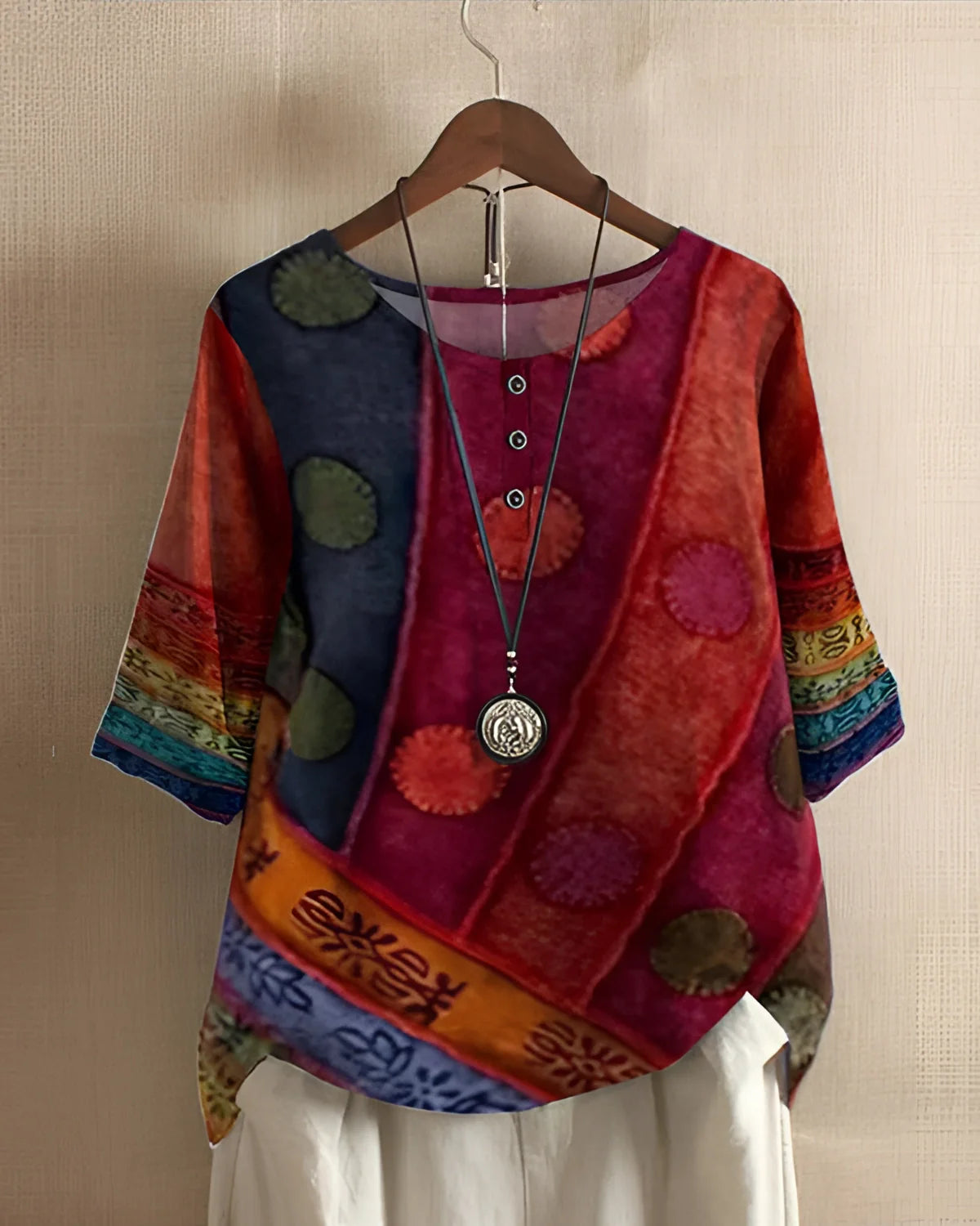 Product Image for Fudus Tunika - Ethno-Druck & Bunter Patchwork Magenta Bluse, Rot / 4XL