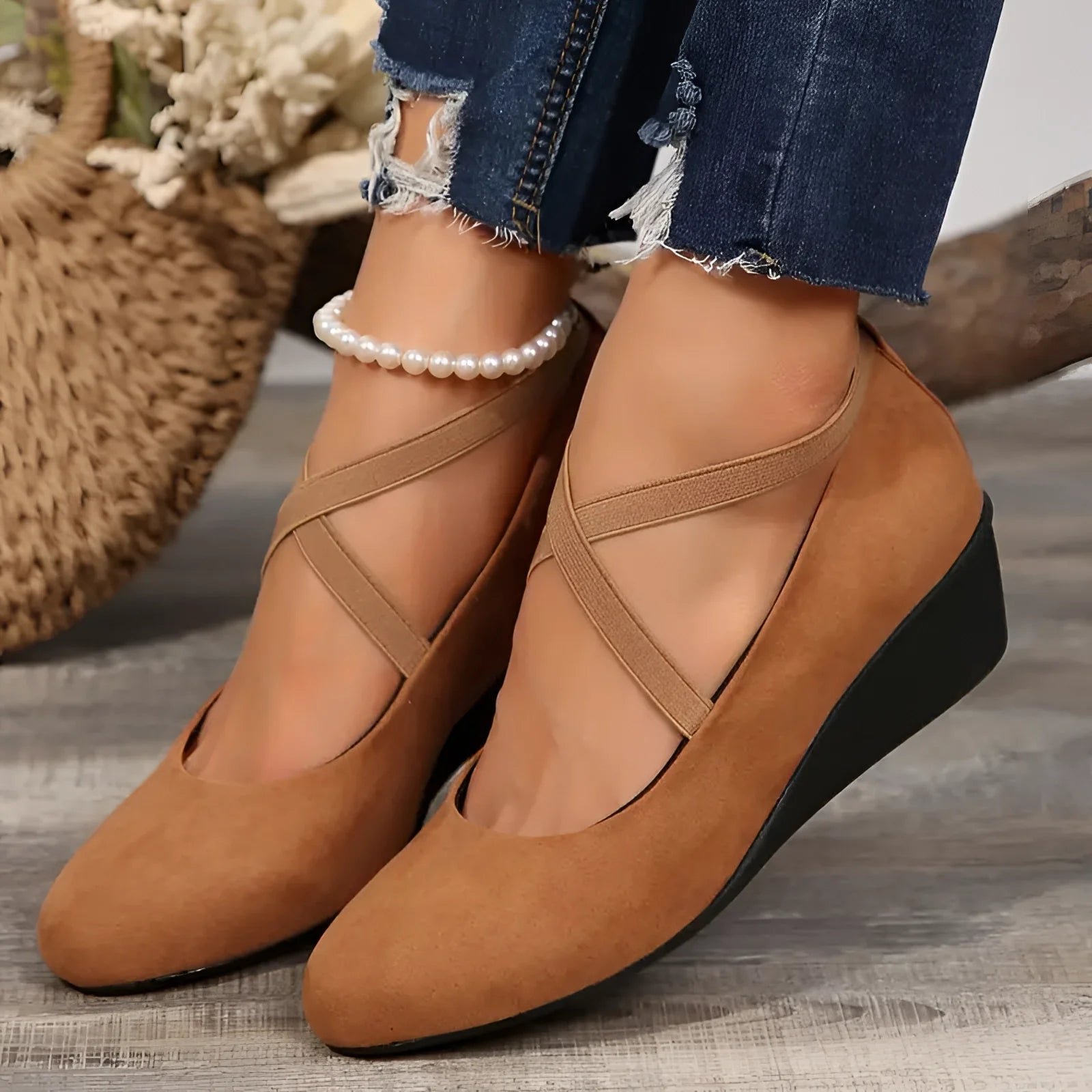 Product Image for Fudus-Cross Strap Brown Suede Wedge Flats | Women's Casual Shoes, 36 / Braun