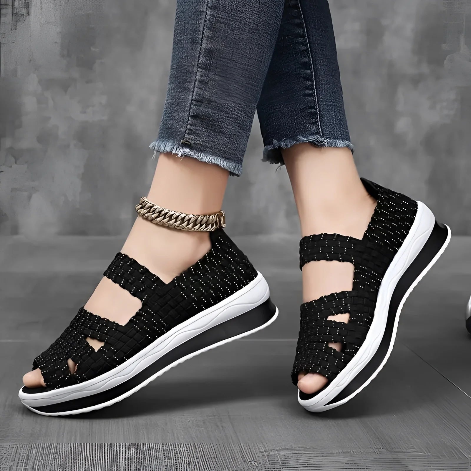 Product Image for Fudus Schwarze Gewebte Sommer Sandalen - Atmungsaktiv & Komfortabel, 37 / Schwarz und Silber