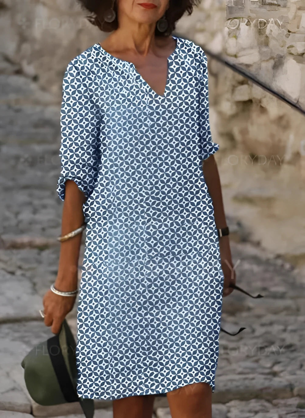 Product Image for Fudus Sommerkleid mit V-Ausschnitt - Grün & Weiß, knielang, kurze Ärmel, Blau / XXL