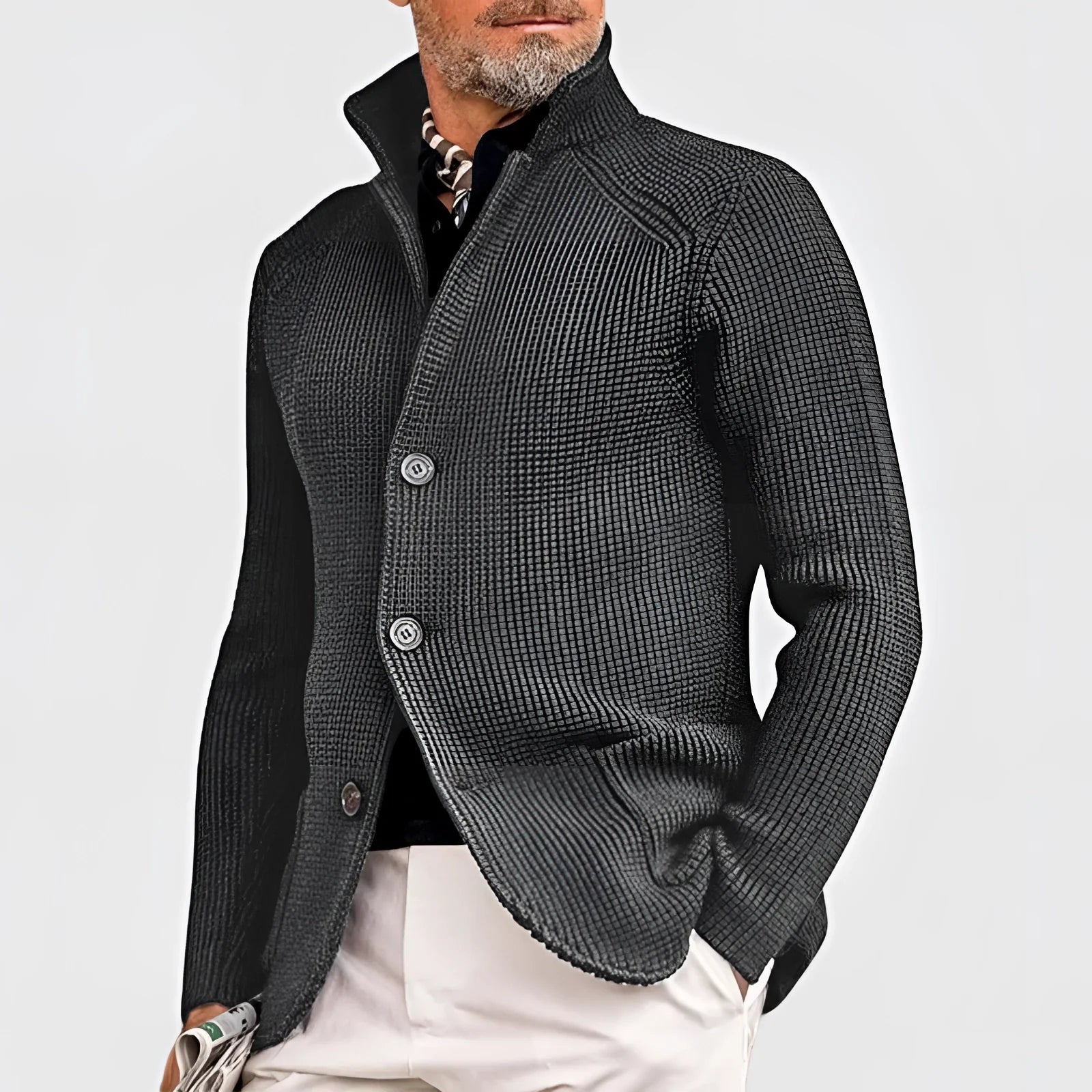 Product Image for Fudus schwarzer grob gestrickter Cardigan - Knopfverschluss Schalkragenpullover, Grau / M