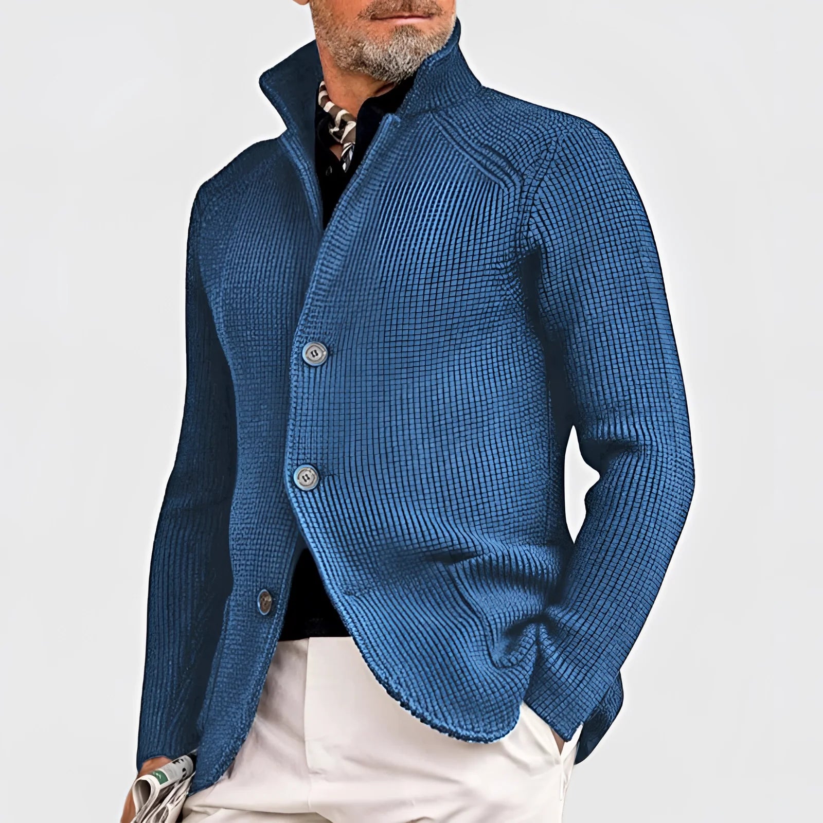 Product Image for Fudus schwarzer grob gestrickter Cardigan - Knopfverschluss Schalkragenpullover, Blau / L