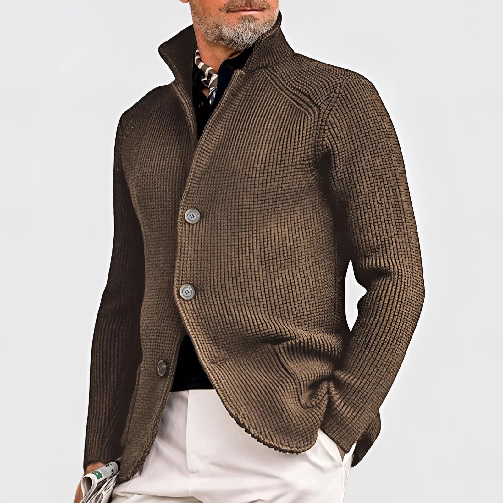 Product Image for Fudus schwarzer grob gestrickter Cardigan - Knopfverschluss Schalkragenpullover, Khaki / XL