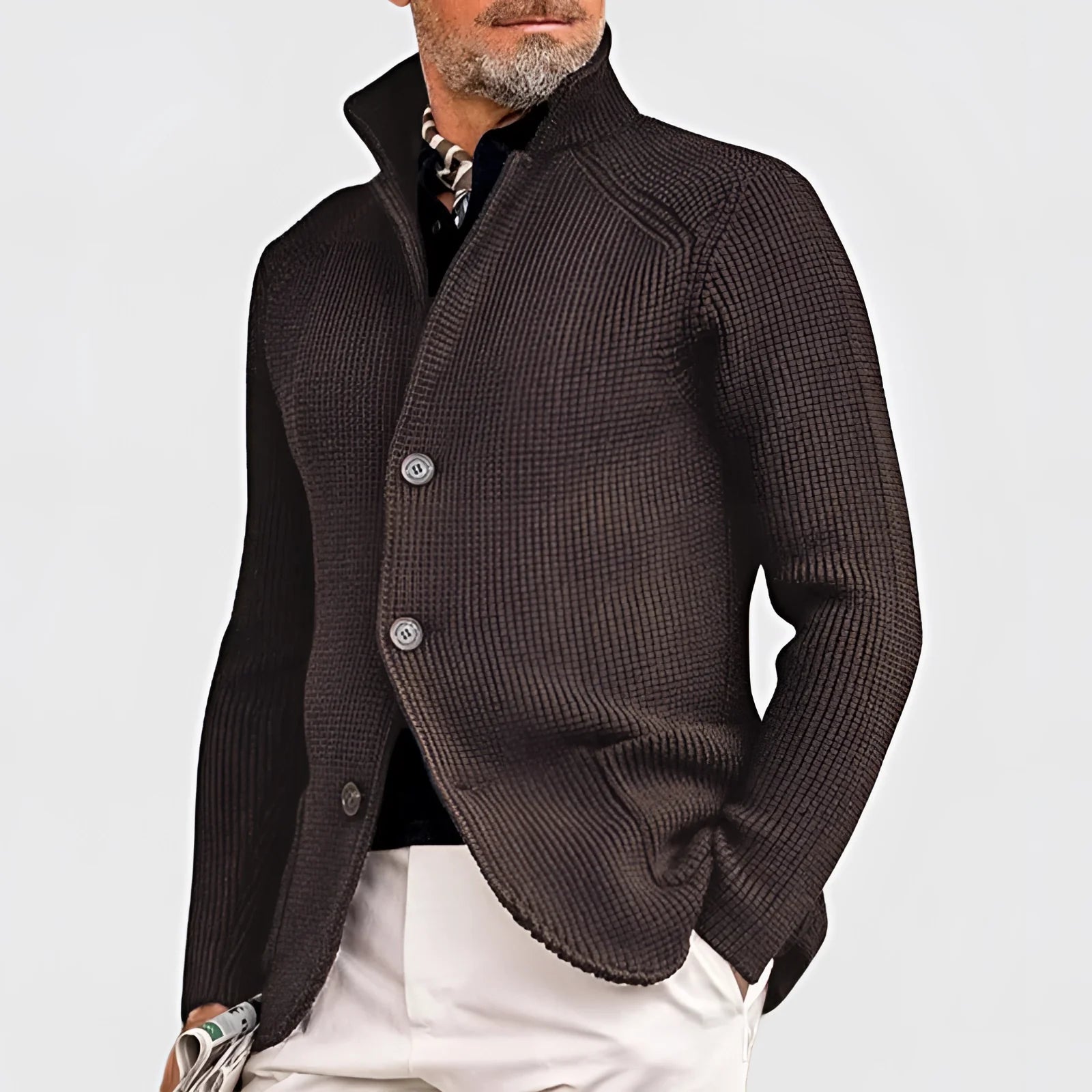 Product Image for Fudus schwarzer grob gestrickter Cardigan - Knopfverschluss Schalkragenpullover, Braun / XL