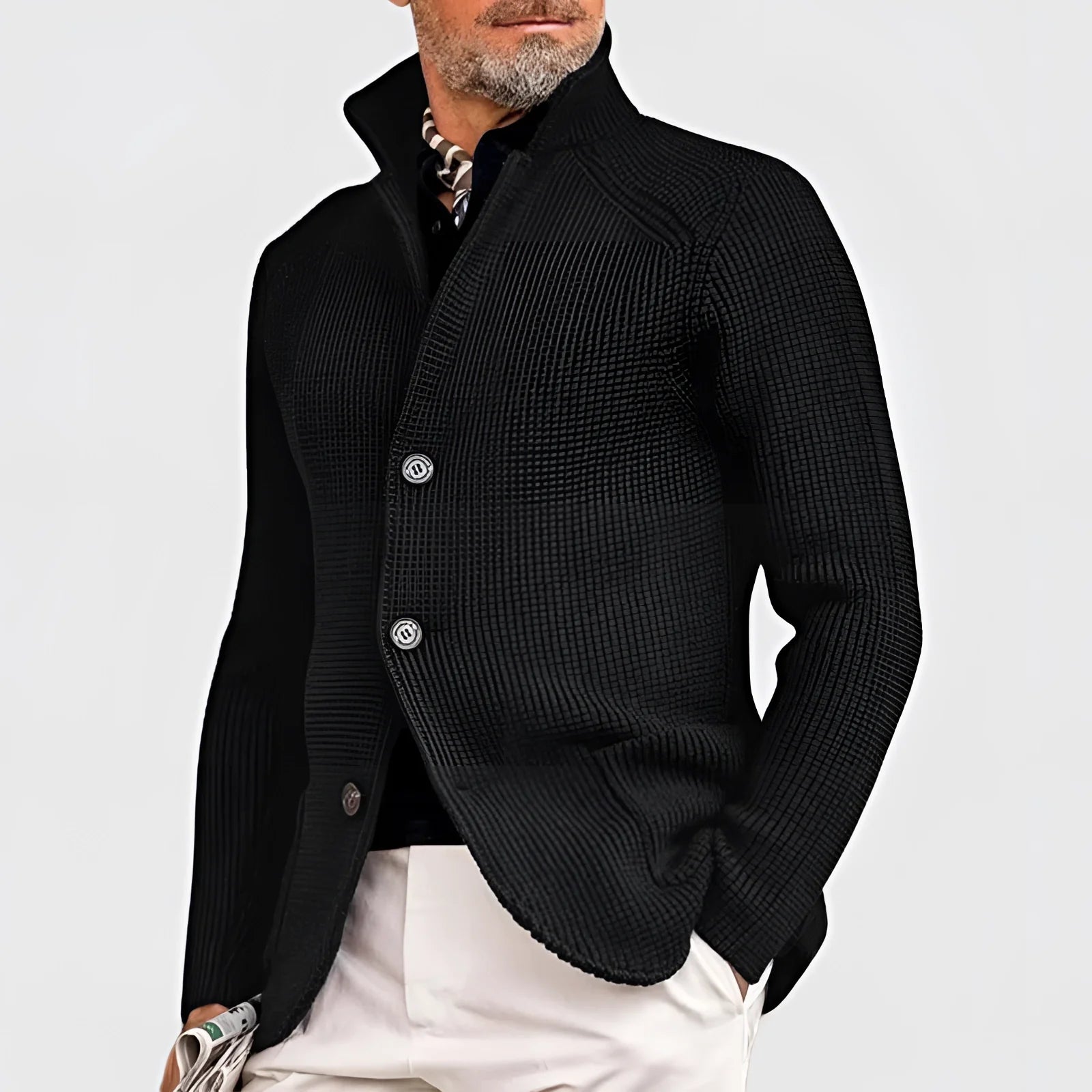 Product Image for Fudus schwarzer grob gestrickter Cardigan - Knopfverschluss Schalkragenpullover, Schwarz / L