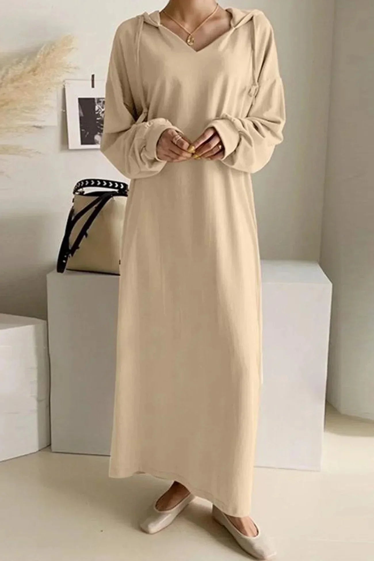 Product Image for Fudus Fleece Hoodie Kleid Damen - Loungewear Winter Lang, Khaki / S
