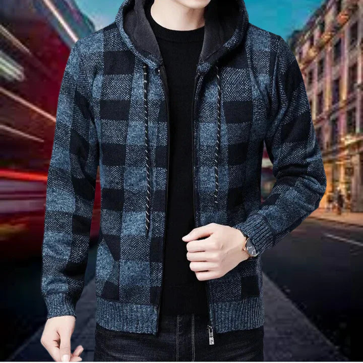 Product Image for Fudus | Hochwertige Strickjacke mit karierter Kapuze für Herren, Blau / L