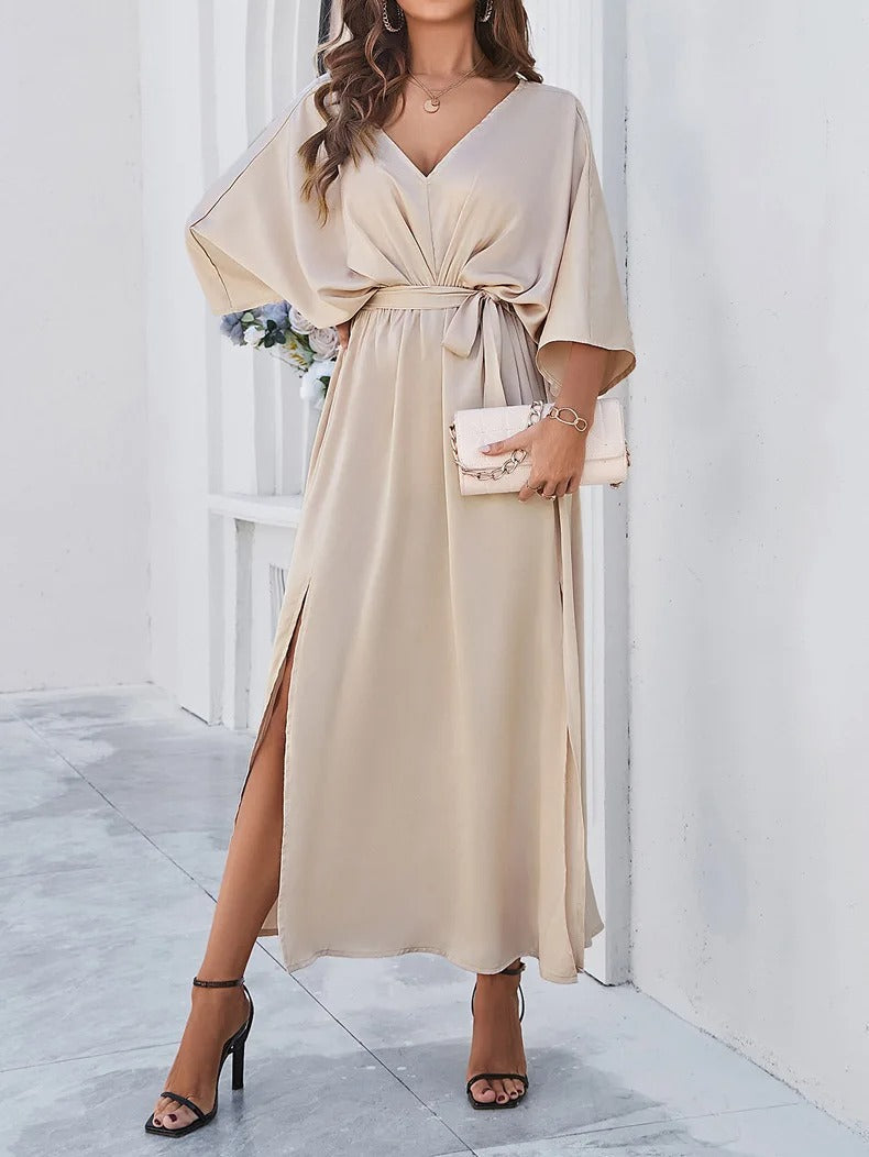 Product Image for Fudus | Elegantes V-ausschnitt Kleid Mit Schlitz Für Frauen, Beige / M