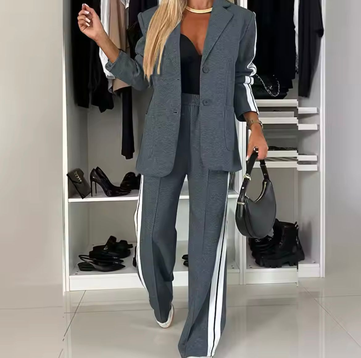 Product Image for Fudus | Raffinierte Blaue Jacke Set Für Frauen, Dunkelgrau / L