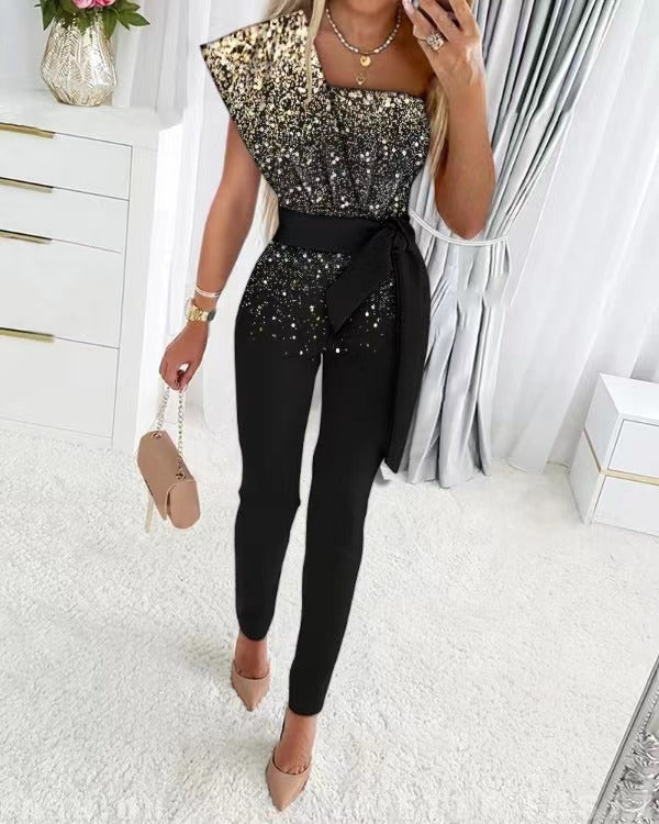 Product Image for Fudus | Ärmelloser Jumpsuit mit Taillengürtel, Schwarz Gold / 2XL