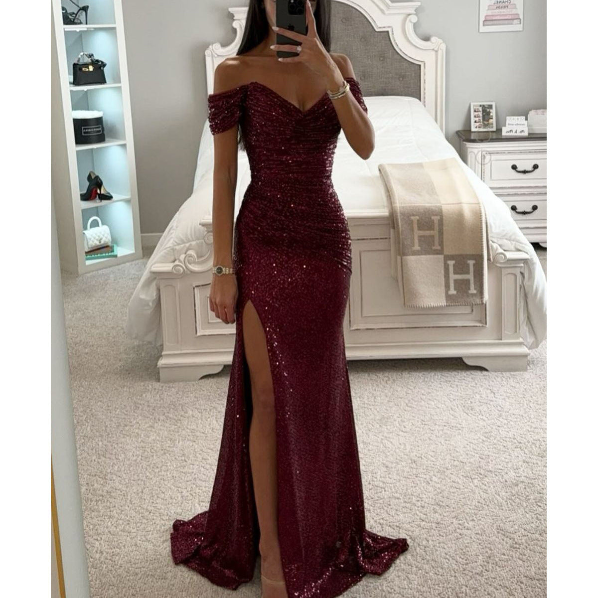 Product Image for Fudus | Abendkleid Damen Schulterfreies Glitzer Maxikleid mit Schlitz für Hochzeit & Fest, Weinrot / M