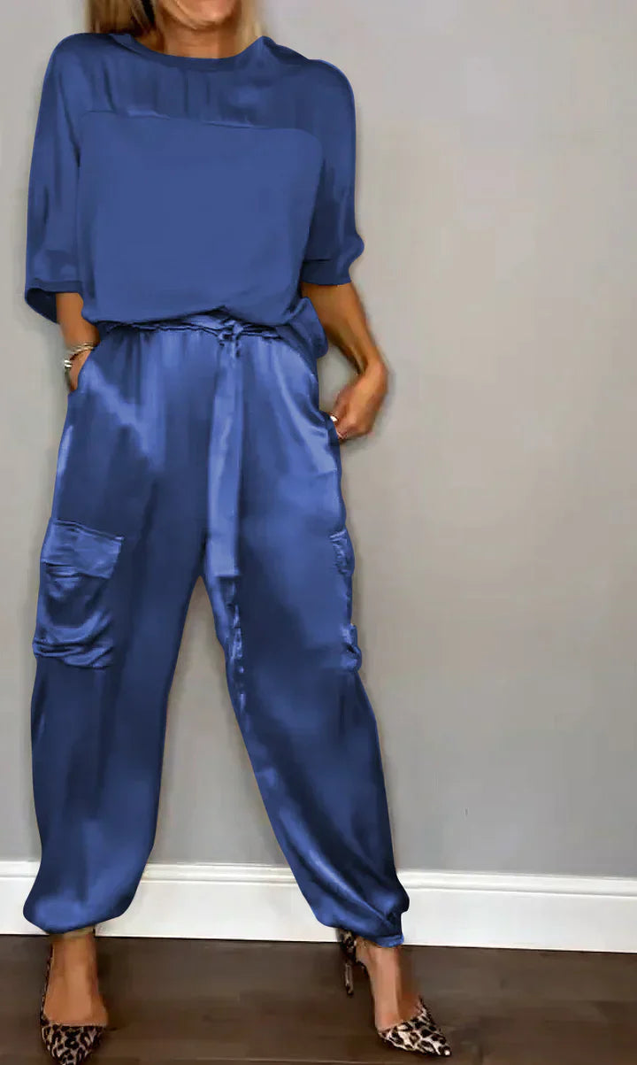 Product Image for Fudus | Set zwei Teile mit Top und Satin-Hosen einfarbig für Frauen, Blau / M