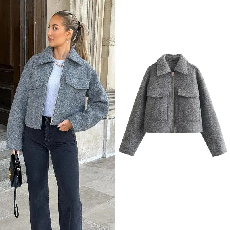 Product Image for Fudus | Kurze und Elegante Frühjahrsjacke Mit Reißverschluss und Umklappbarem Kragen Für Frauen, Trendig und Elegant, Grau / L