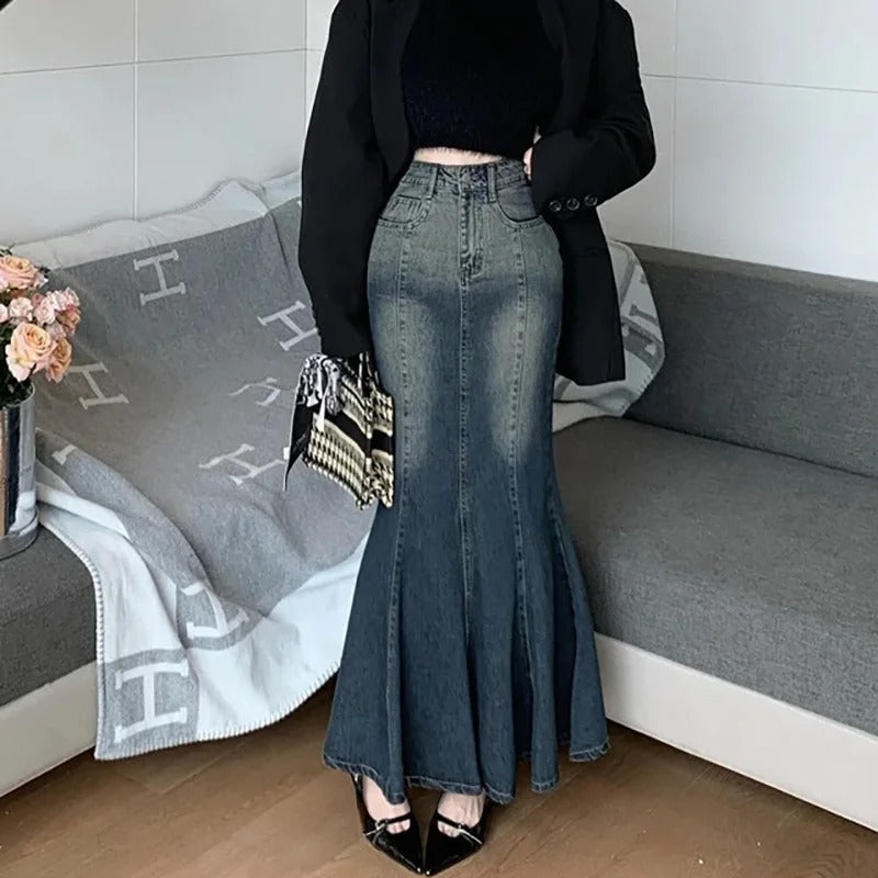 Product Image for Fudus langer Sommerrock aus Denim mit Spitzenschlitz, Dunkelblau / 2XL