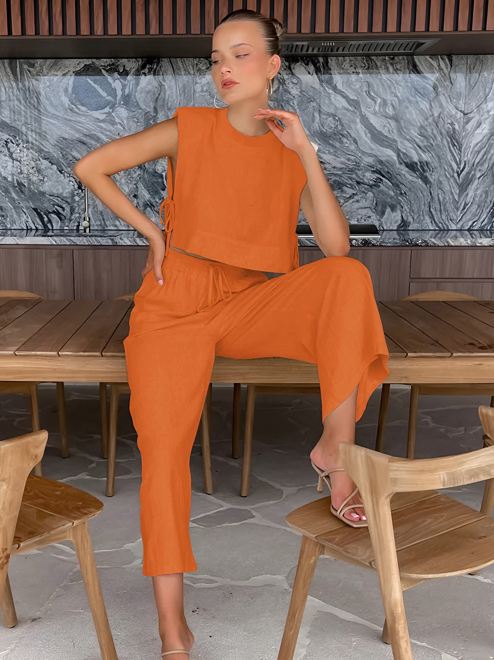 Product Image for Fudus | Elegantes Zwei Teiliges Set Aus Sommerlichem Leinen Für Damen (kurzes Oberteil + Hose), Orange / L
