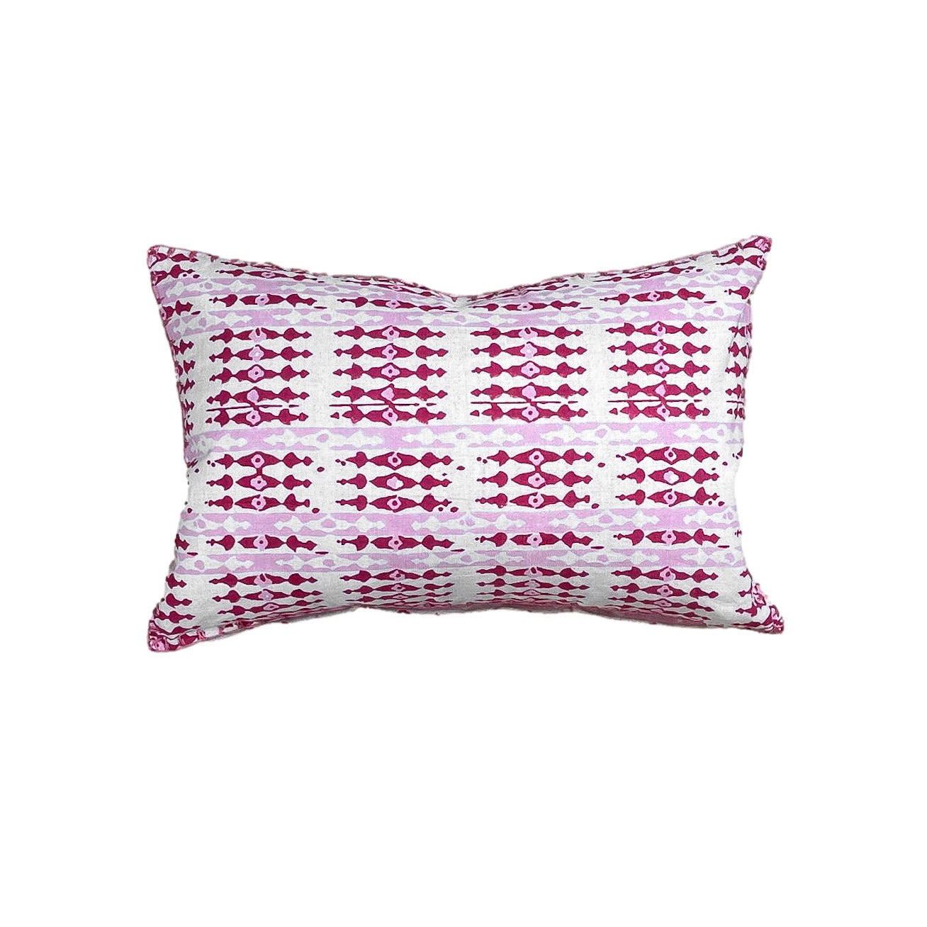 .Pink + White Hand Block Printed Pillow - 18" x 12"