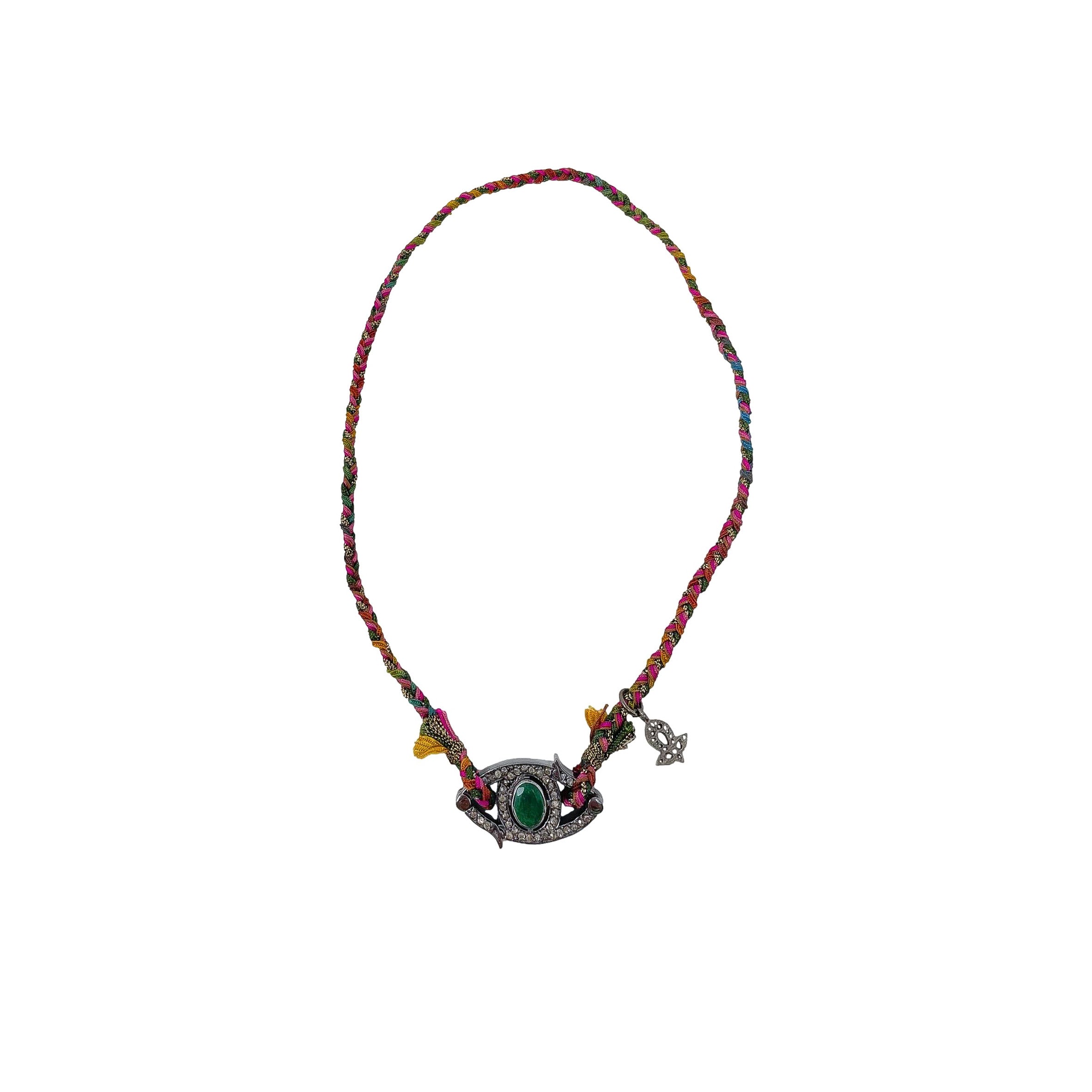 .Multi Colored Bracelet with Emerald + Diamond Pendant