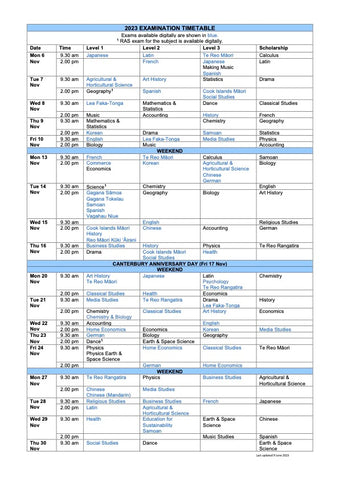 2023 NCEA Exam Timetable