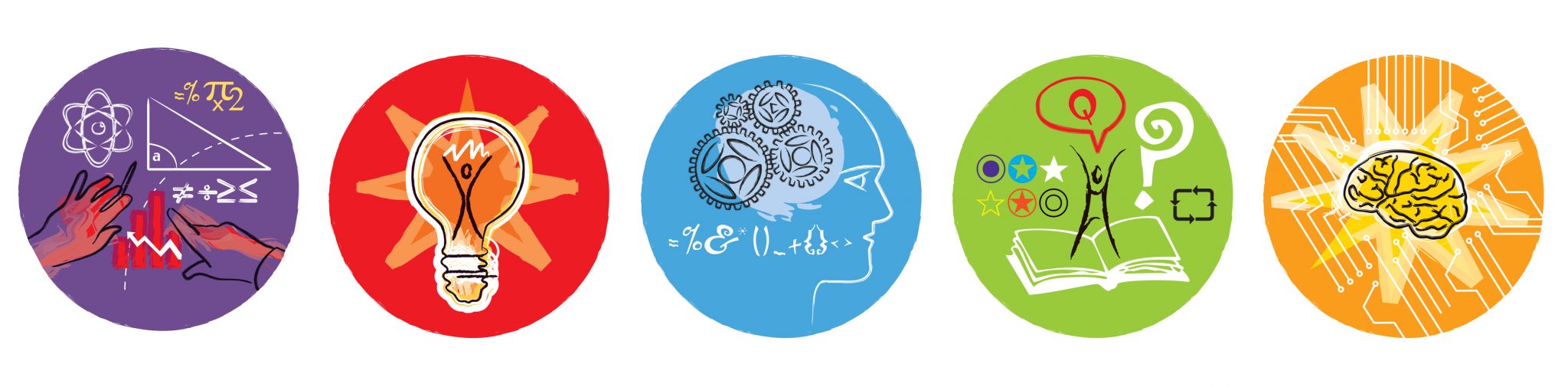 Handrawn icons depict learning, like a lightbulb or a brain inside a star