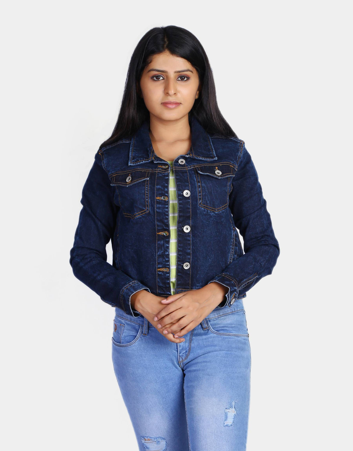 Buy Women Blue Solid Denim Jacket Online in India - Monte Carlo