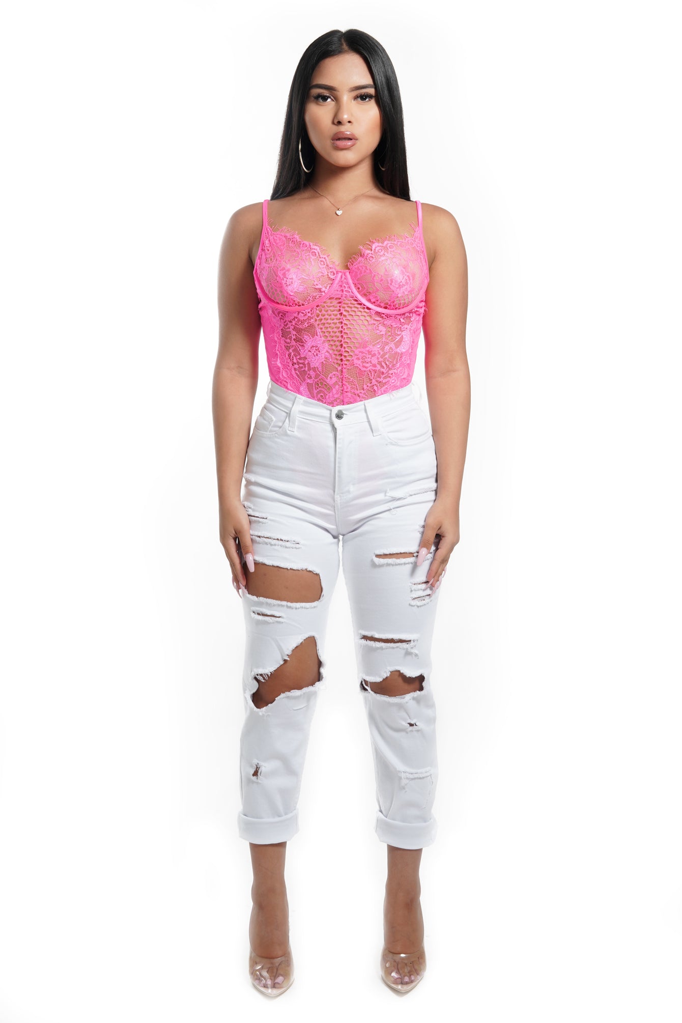 neon pink lace bodysuit