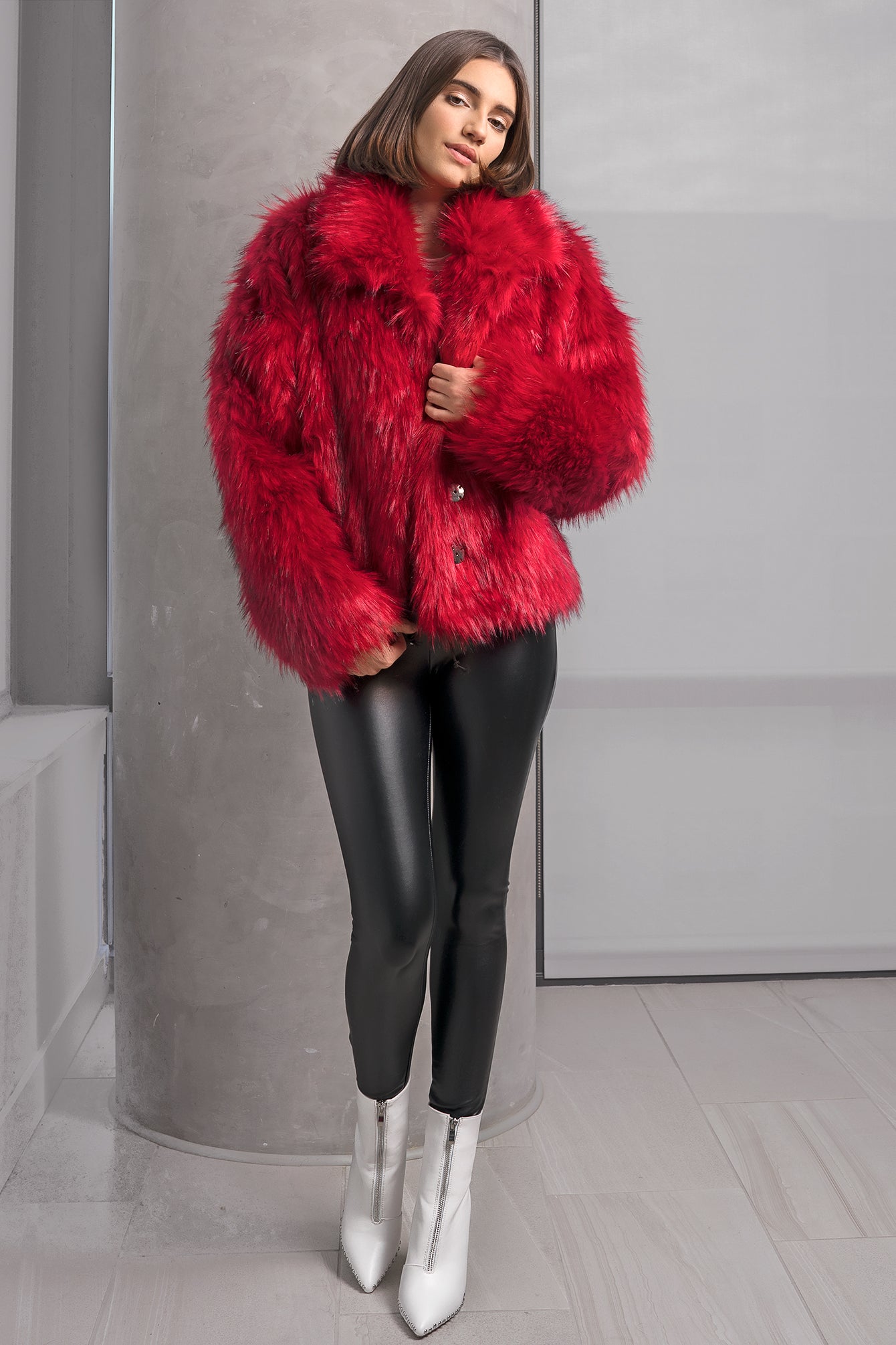 red fur jacket with hood