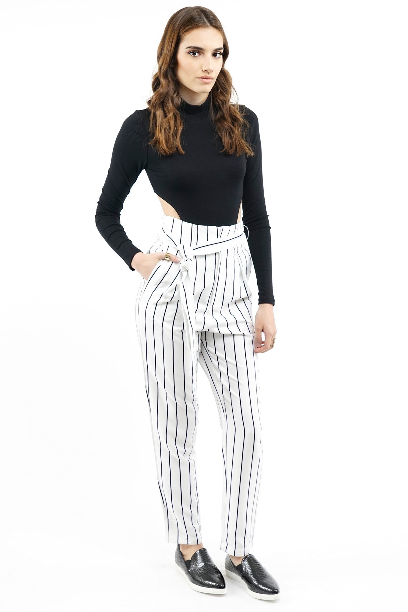 high waisted black striped pants