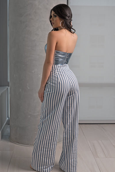 blue and white striped wide leg pants